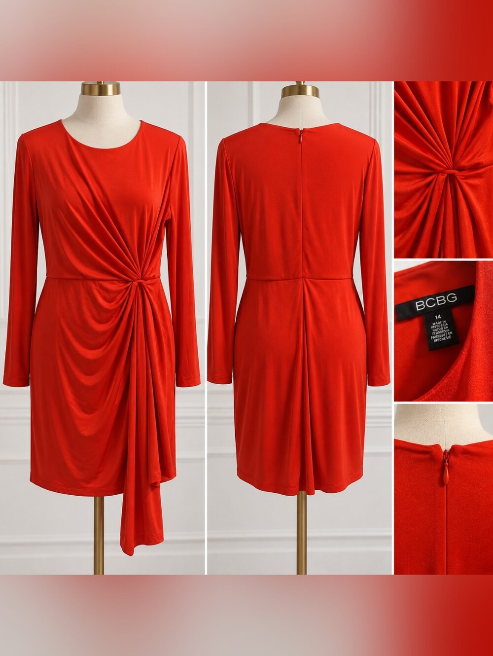 BCBG Red Draped Twist Front Long Sleeve Dress Size 14 NWT